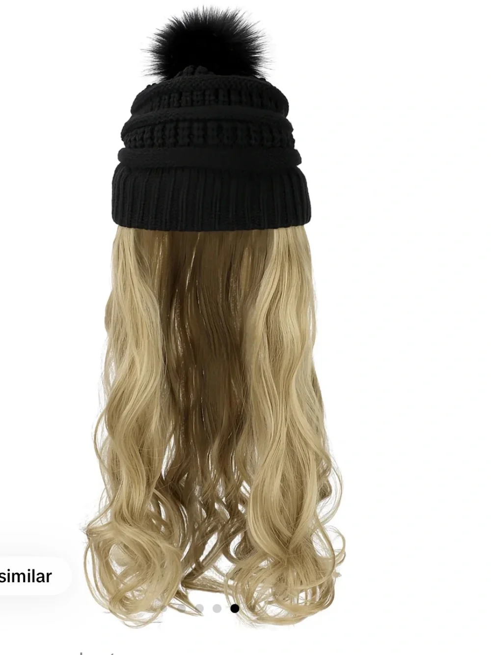 Never Worn Black Pom Pom Beanie with Blonde Clip-In Wavy Hair